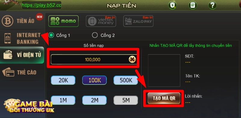 Cách nạp tiền B52