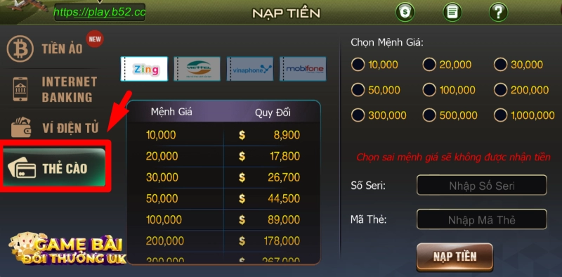 Cách nạp tiền B52