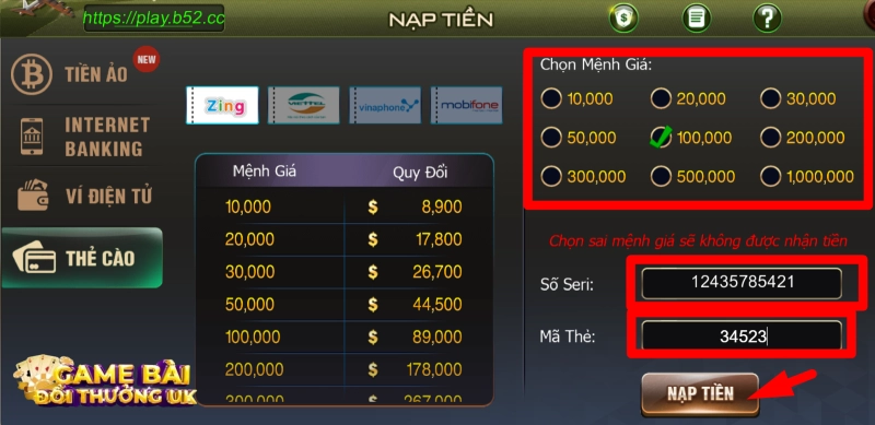 Cách nạp tiền B52