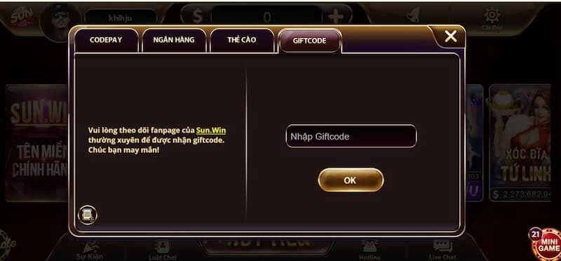 Thủ tục nạp tiền Sun Win qua giftcode
