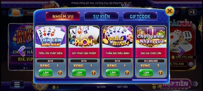 Nhận nhiệm vụ hàng ngày Rikvip